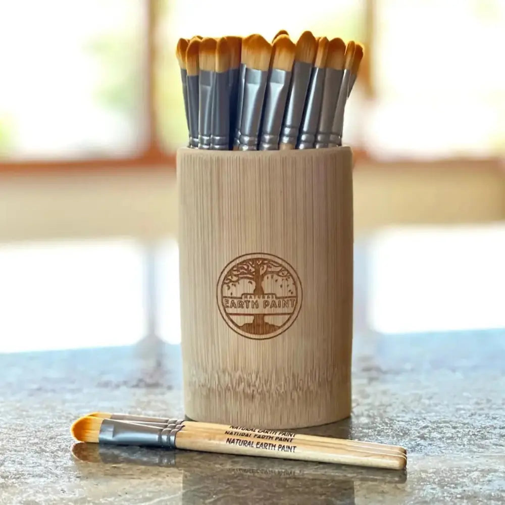 Set of paintbrushes in a wooden holder with 'Earth Paint' branding on a blurred background