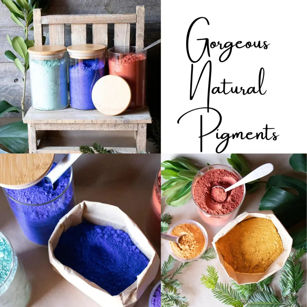 Collage of natural pigments in containers with text 'Gorgeous Natural Pigments'.