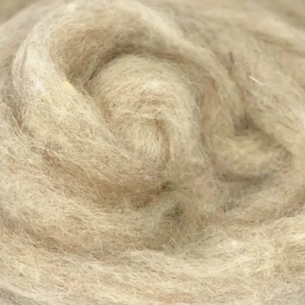 Close-up of Woodland Neutrals Corriedale wool sliver in fawn