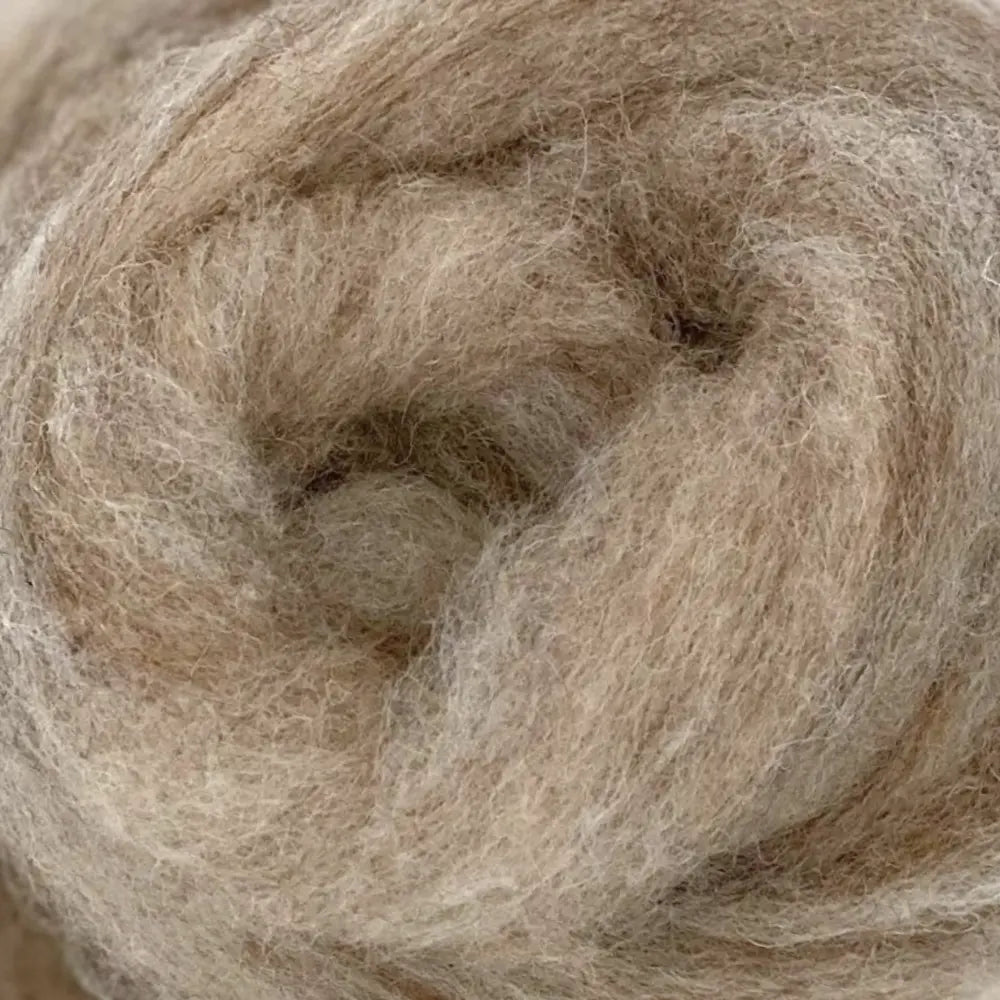Close-up of Woodland Neutrals Corriedale wool sliver in rabbit