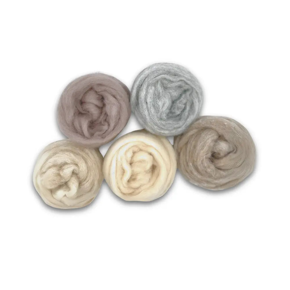 Woodland Neutrals Corriedale wool sliver color pack for needle felting on white