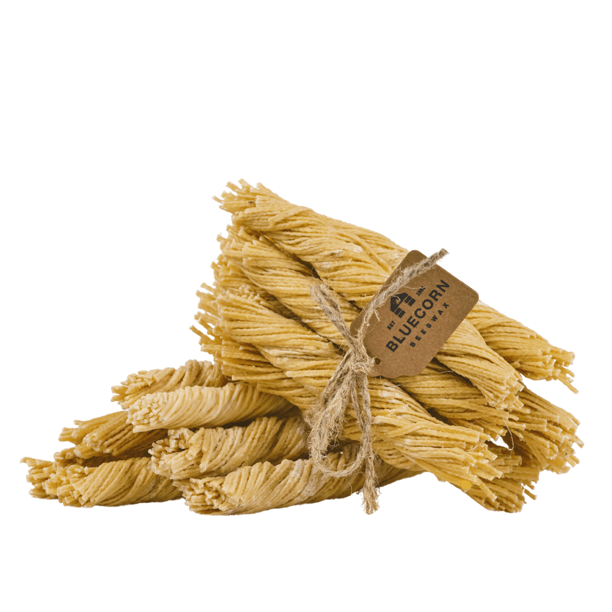Bunch of natural beeswax fire starter wicks tied with a Bluecorn tag on a white background