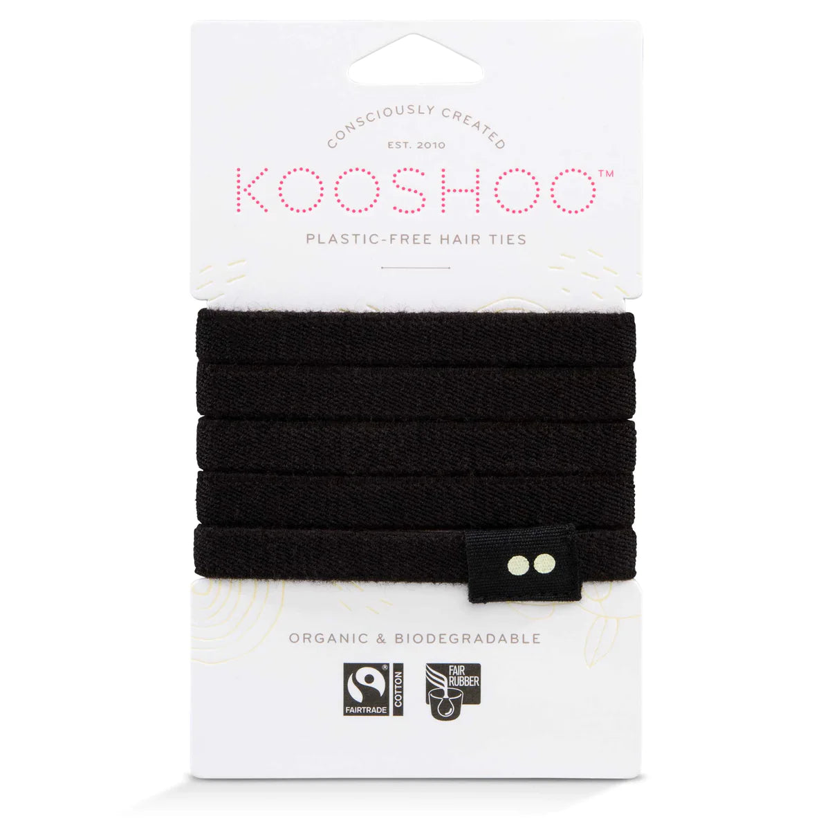 Natural hair ties in black showing organic and biodegradable on packaging
