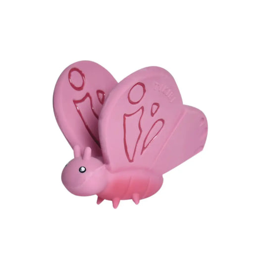 Pink rattle teether butterfly toy side angle view on a white background