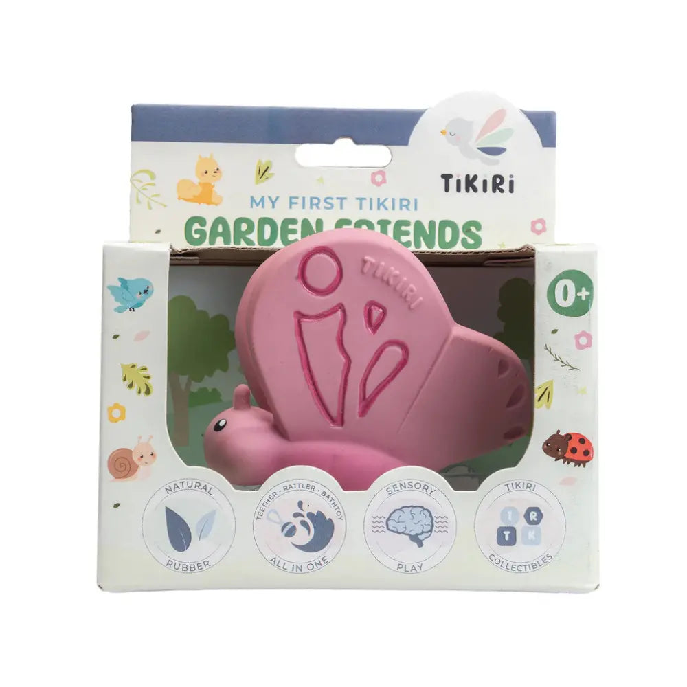 Pink butterfly-shaped toy with TikiRi branding in a colorful packaging on a white background