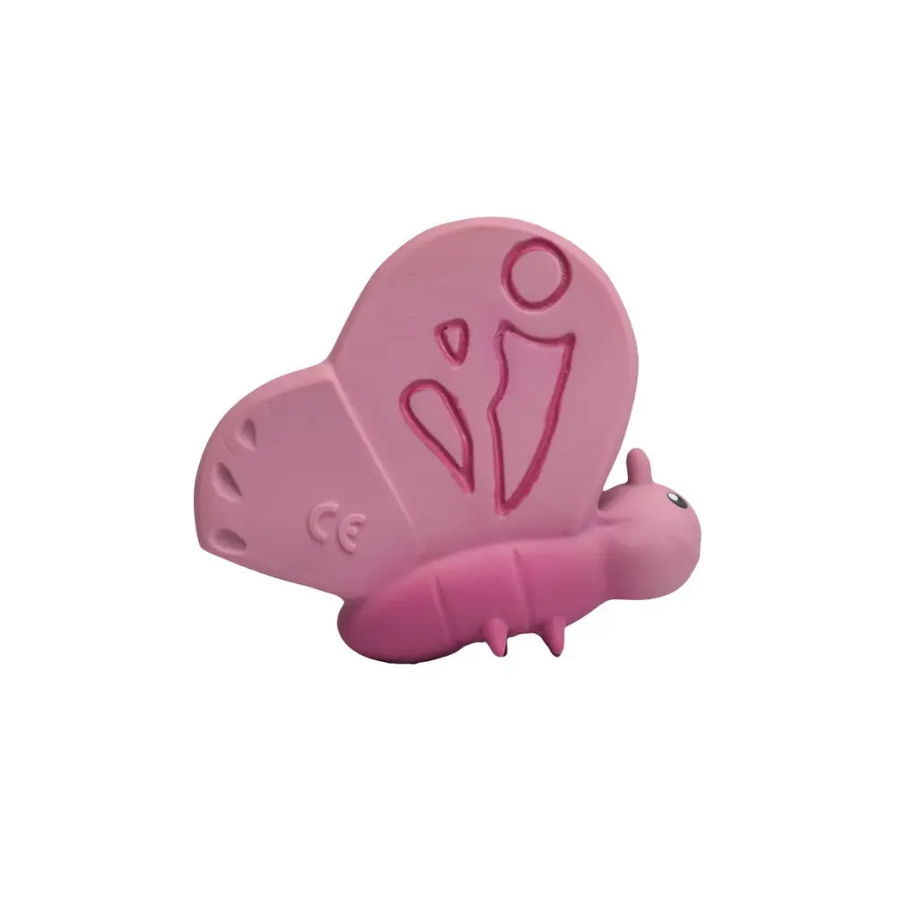 Pink rattle teether butterfly toy side view on a white background