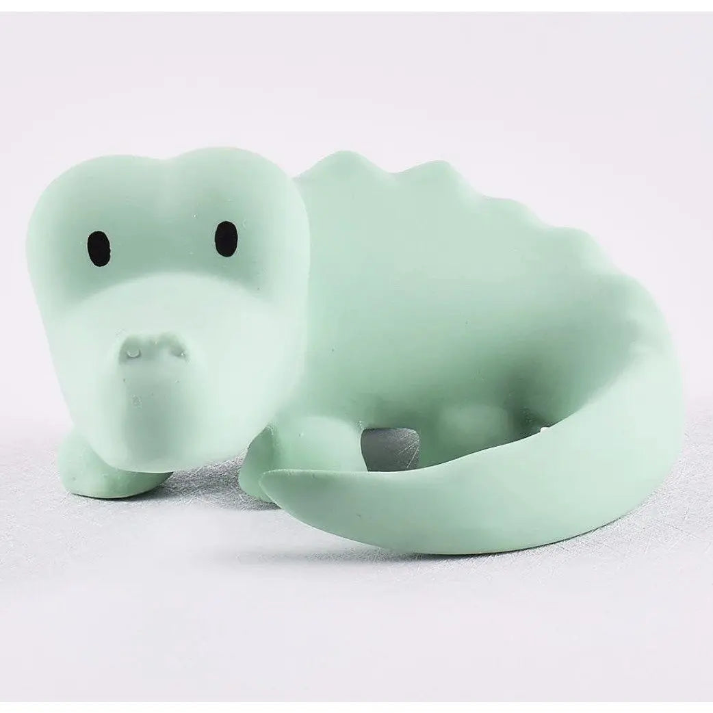 Natural rubber crocodile baby toy close up showing textured surface and details for sensory play