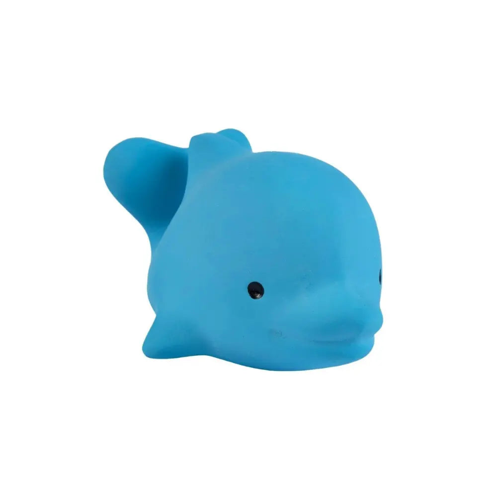 Natural rubber dolphin baby toy angled view showing design details