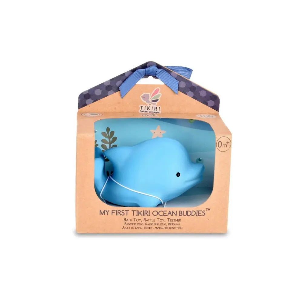Natural rubber dolphin baby toy in packaging box for gifting and retail presentation on white