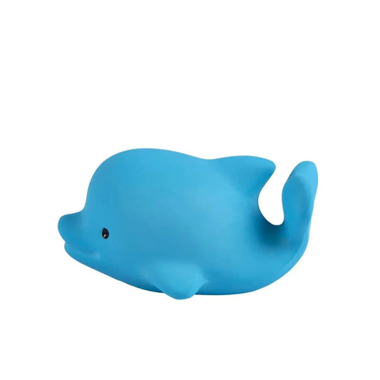 Natural rubber dolphin baby toy right side view on white