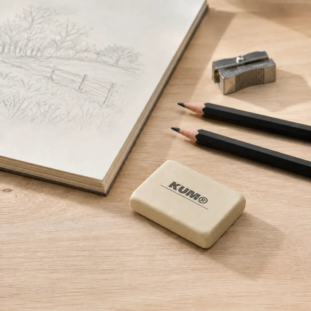 KUM natural rubber eraser with graphite pencils, sharpener, and sketchbook on a wooden desk