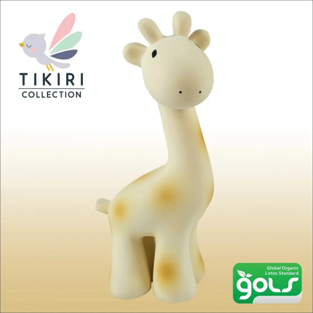 Natural rubber giraffe baby teether angled view with GOLS certification logo