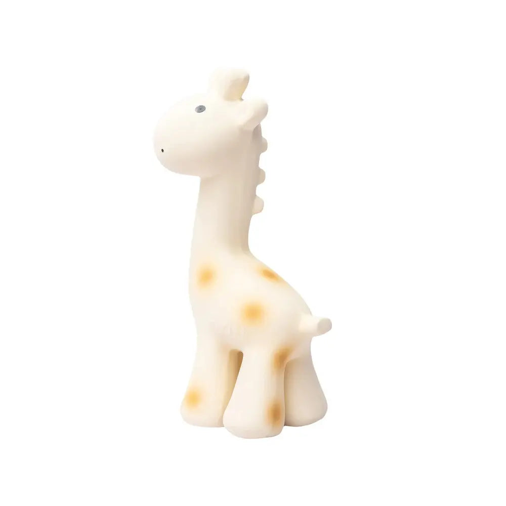 Natural rubber giraffe baby teether angled view showing form and grip for small hands