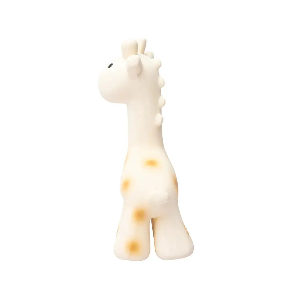 Natural rubber giraffe baby teether back view showing form and grip for small hands