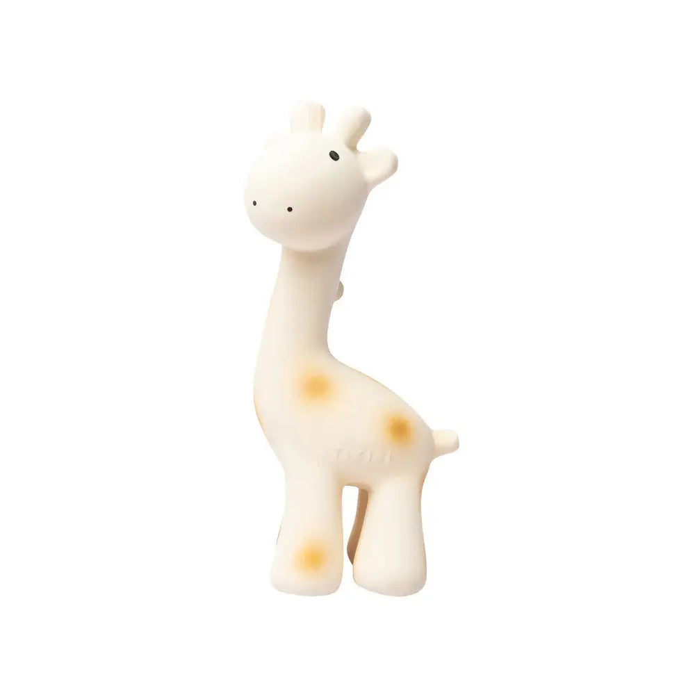 Natural rubber giraffe baby teether side view showing form and grip for small hands