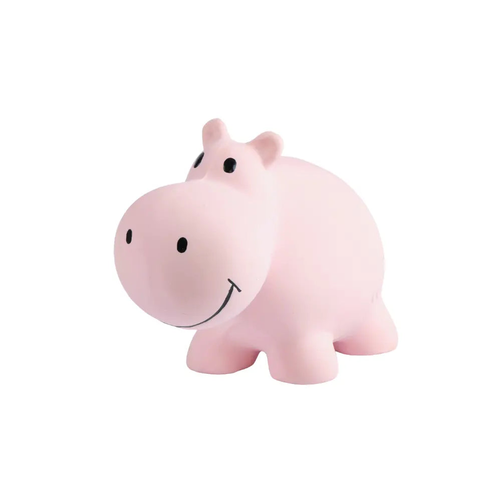 Natural rubber hippo baby teether front angled view showing construction and texture details