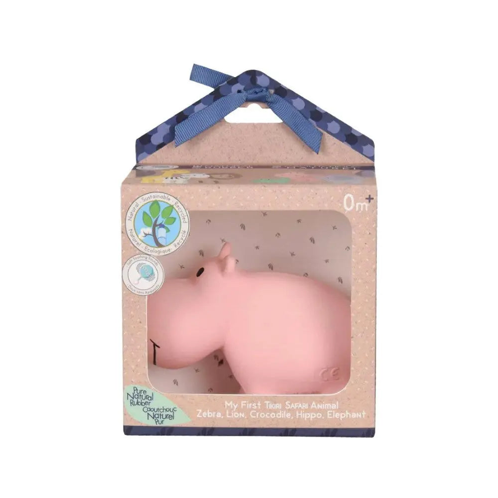 Natural rubber hippo baby teether in packaging showing product presentation