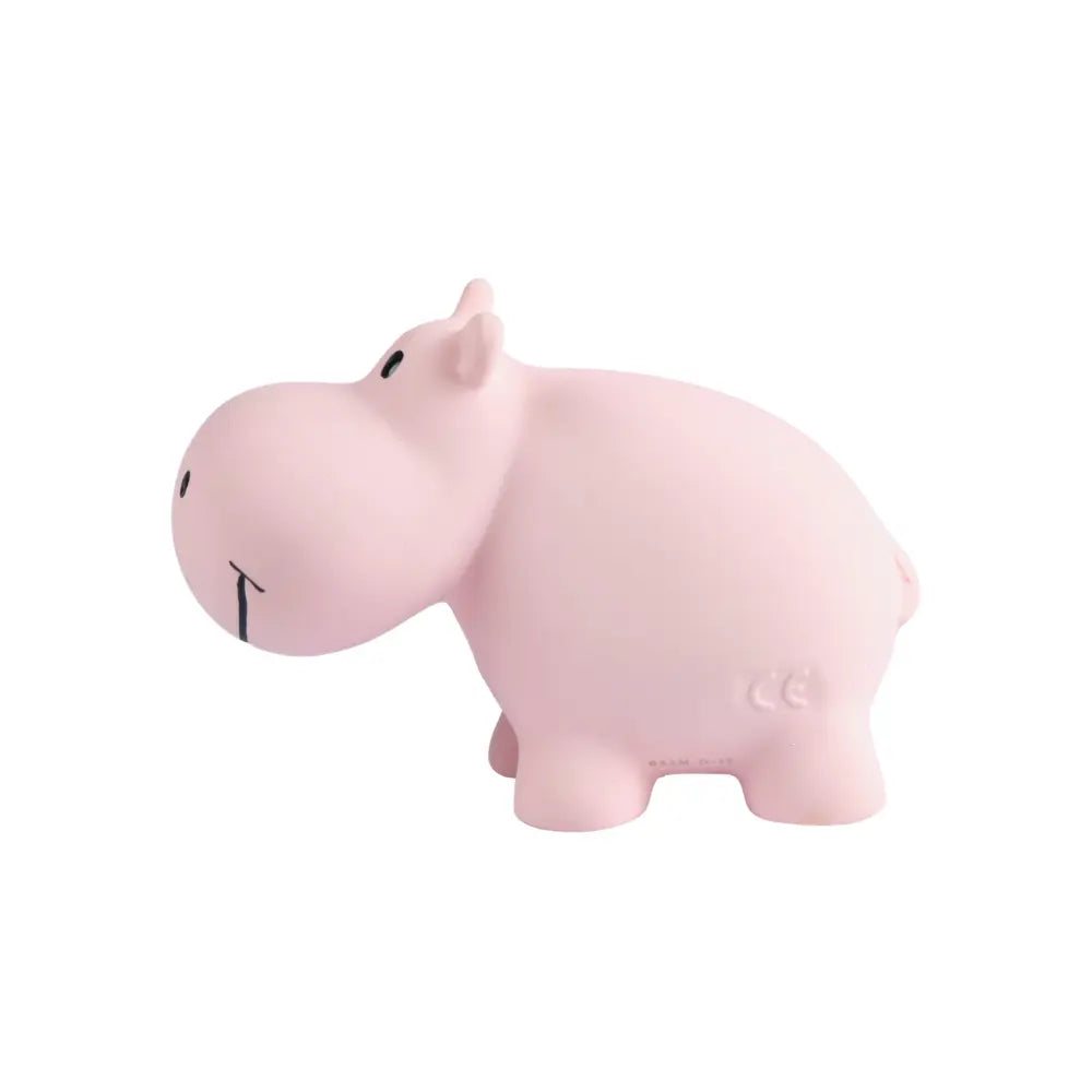 Natural rubber hippo baby teether side view showing construction and texture details