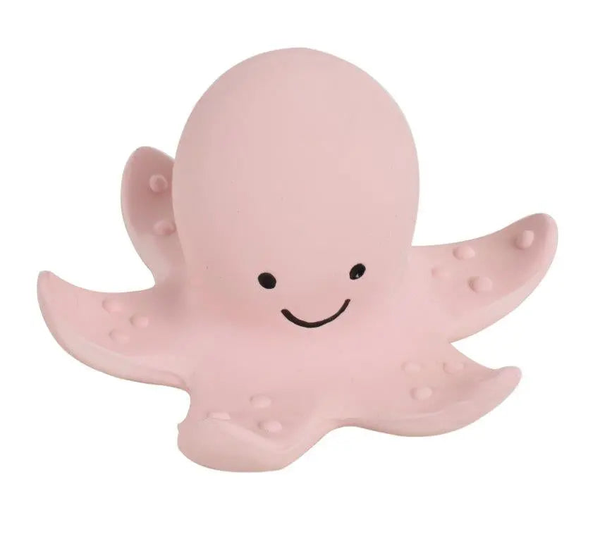 Pink bath toy rubber octopus toy with a smiling face on a white background