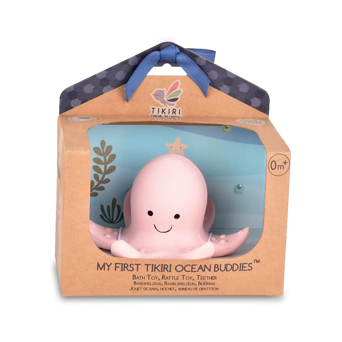 Pink octopus toy in a Tikiri packaging on a white background