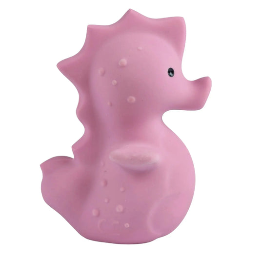 Natural rubber seahorse baby toy side view showing curved shape for grasping and mouthing