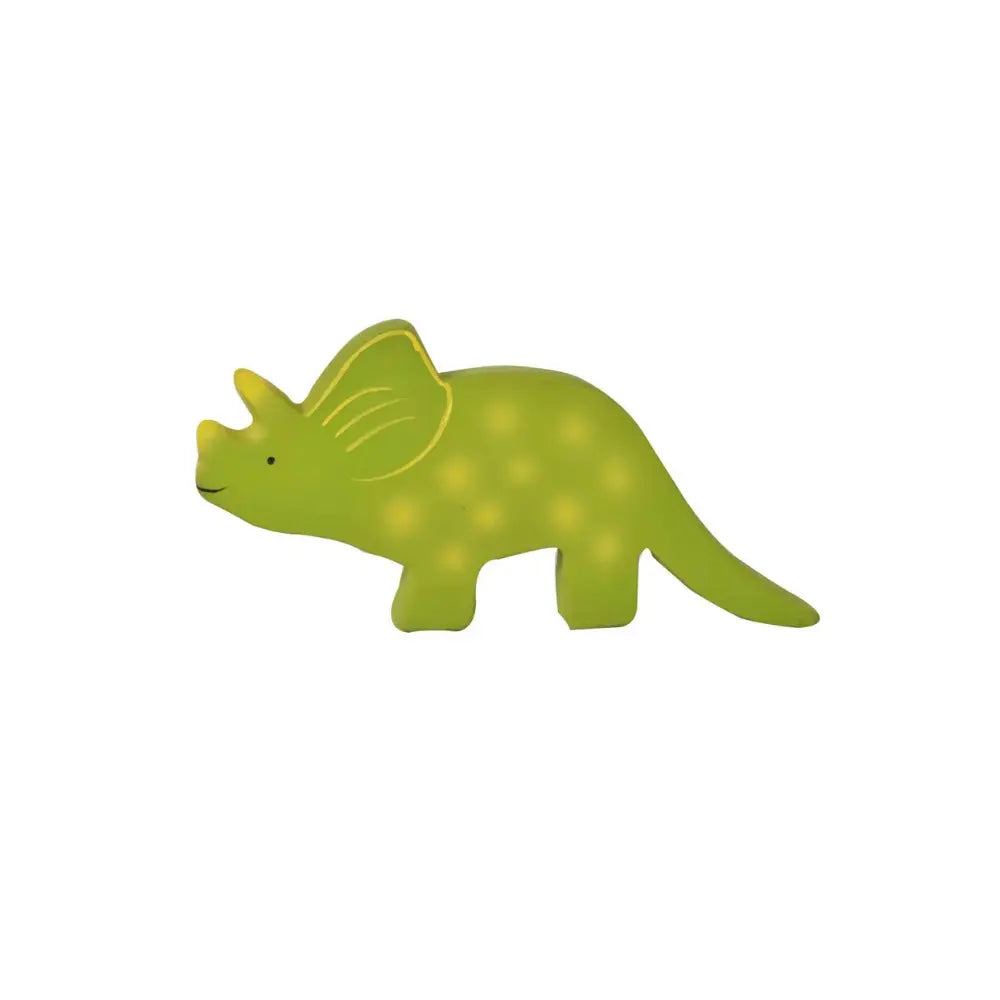Natural rubber triceratops dinosaur toy front view showing shape and size for toddler play