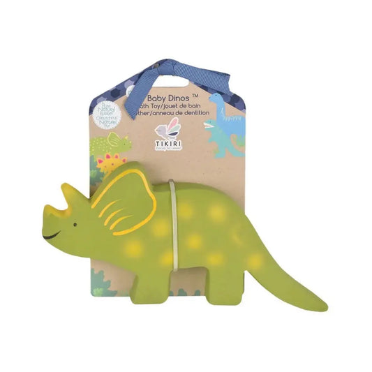 Natural rubber triceratops dinosaur toy in packaging for toddler play and early imaginative exploration