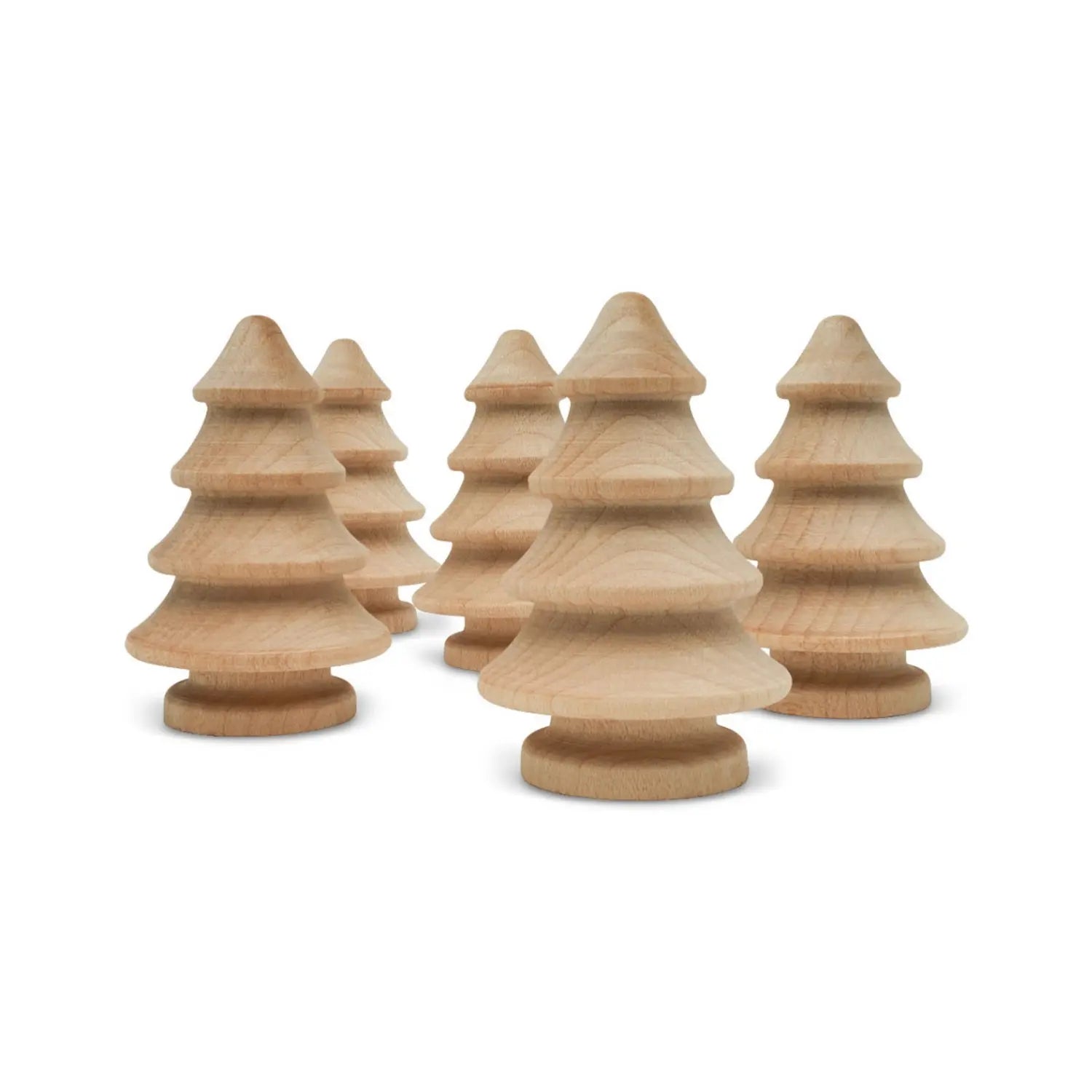 Five unfinished birch wooden pine tree craft blank on white background