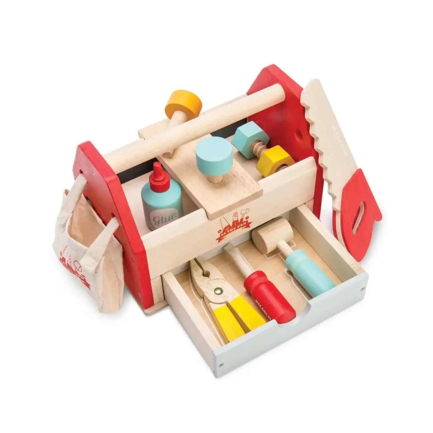 Toy toolbox with various tools on a white background