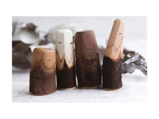 Mixed bark Tree People wooden figures with natural light and dark wood tones for small-world play