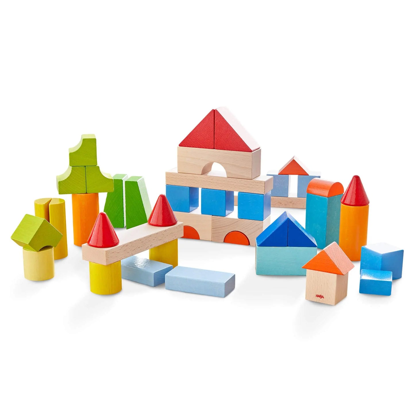 Colorful wooden building blocks on a white background