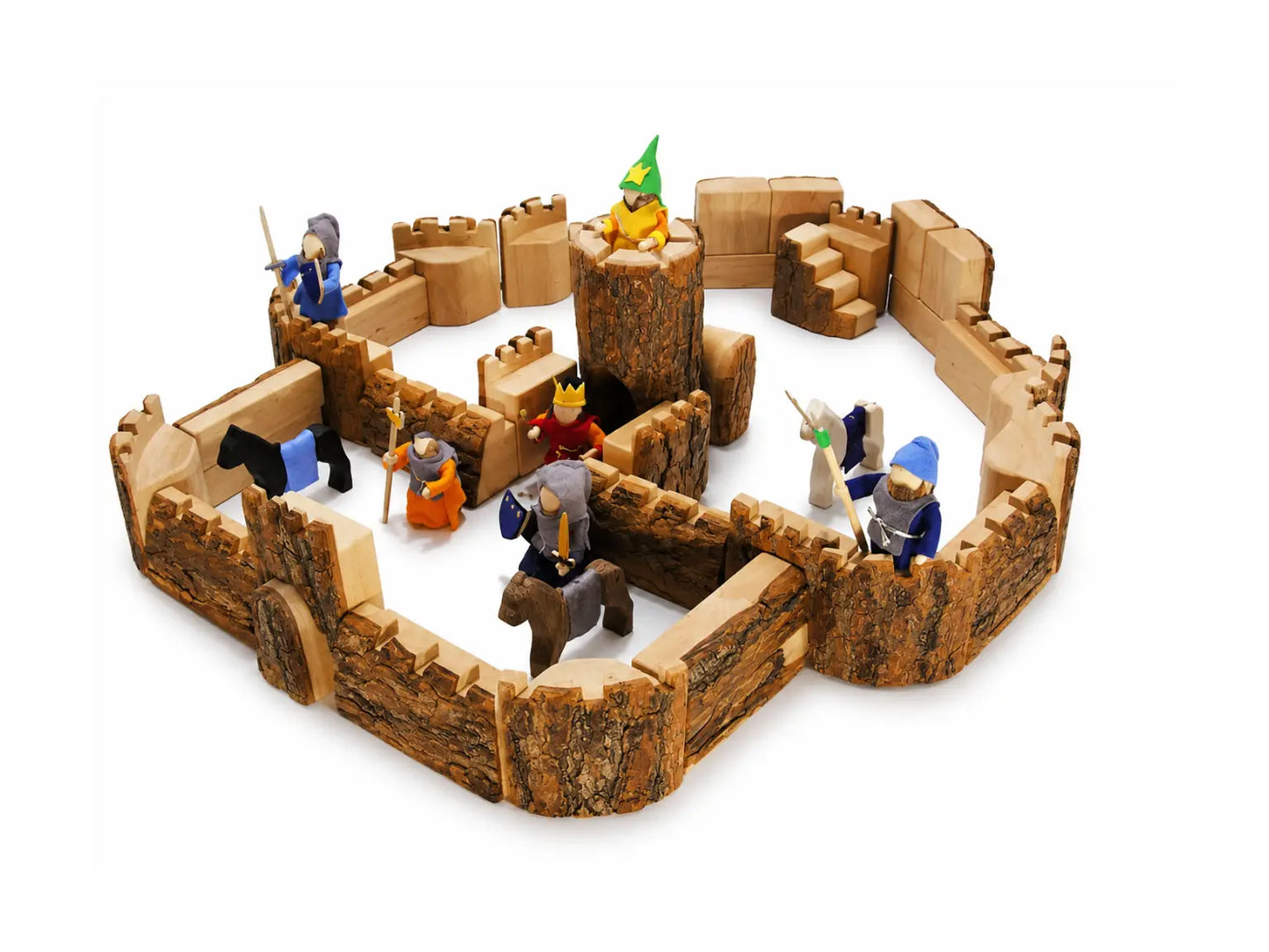 Magic Wood natural wooden castle building set with towers, gatehouse, and medieval play figures