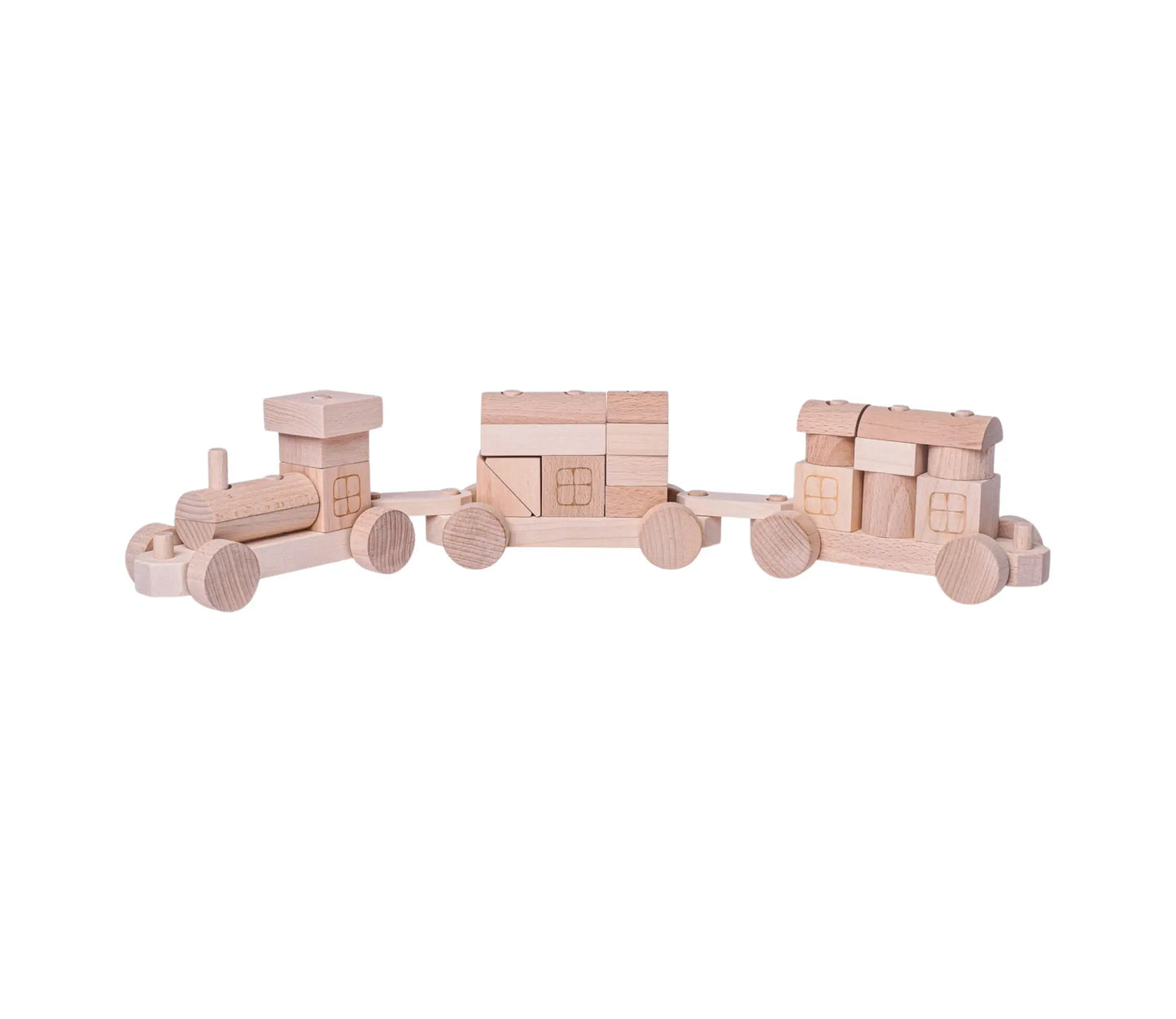 Natural wooden train with stacking blocks on white background
