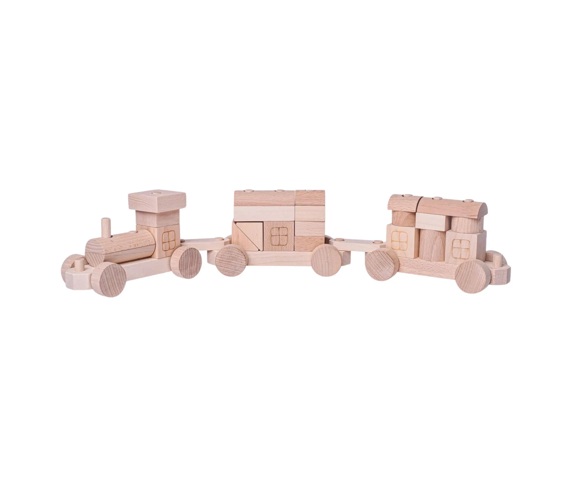 Natural wooden train with stacking blocks on white background