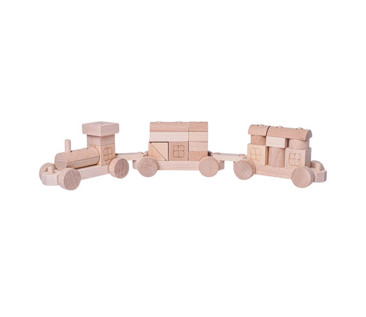 Natural wooden train with stacking blocks on white background