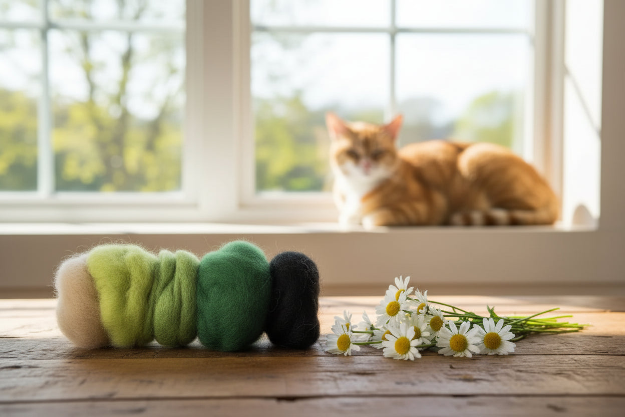 Plant dyed wool felt in greens on a wooden table next to daisies with a cat in the window in the background