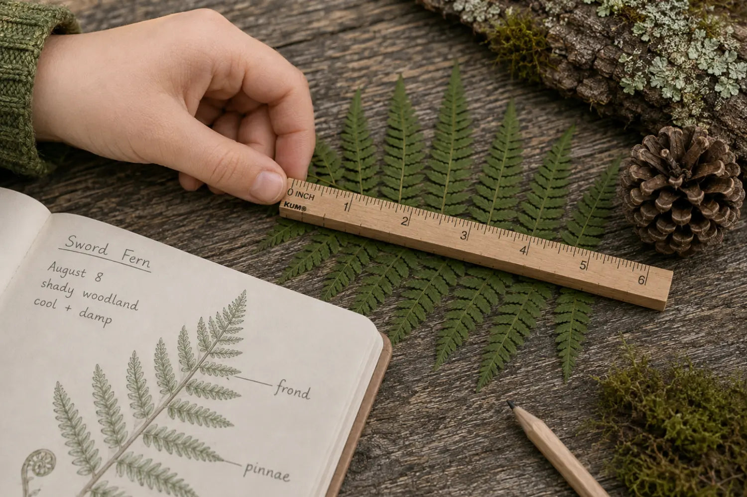 A hand holds a wooden ruler measuring a green fern leaf on a rustic wooden table, with an open notebook showing fern illustrations nearby.