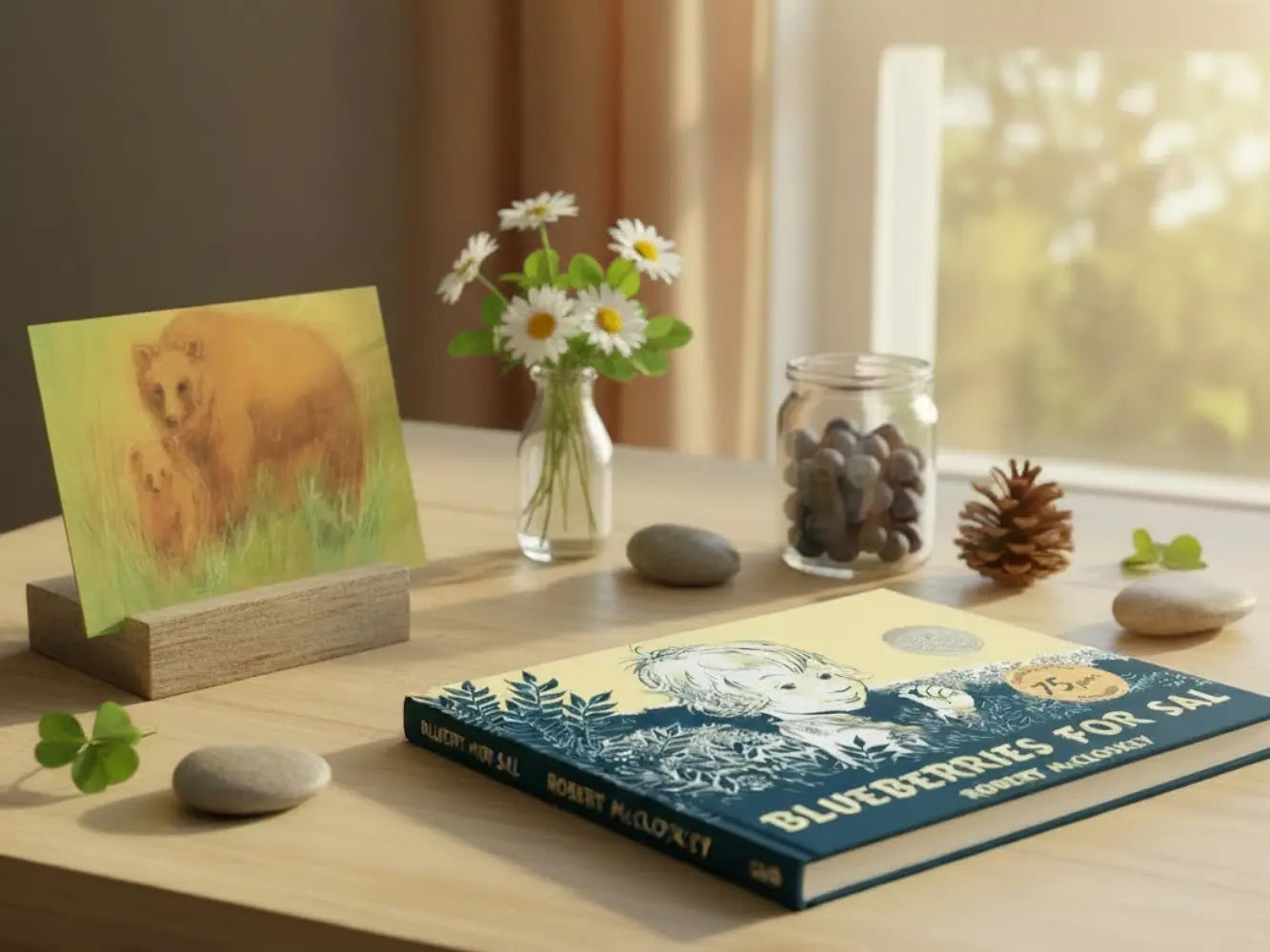 Tabletop scene with a book, vase of flowers, and bear illustration on a wooden surface.