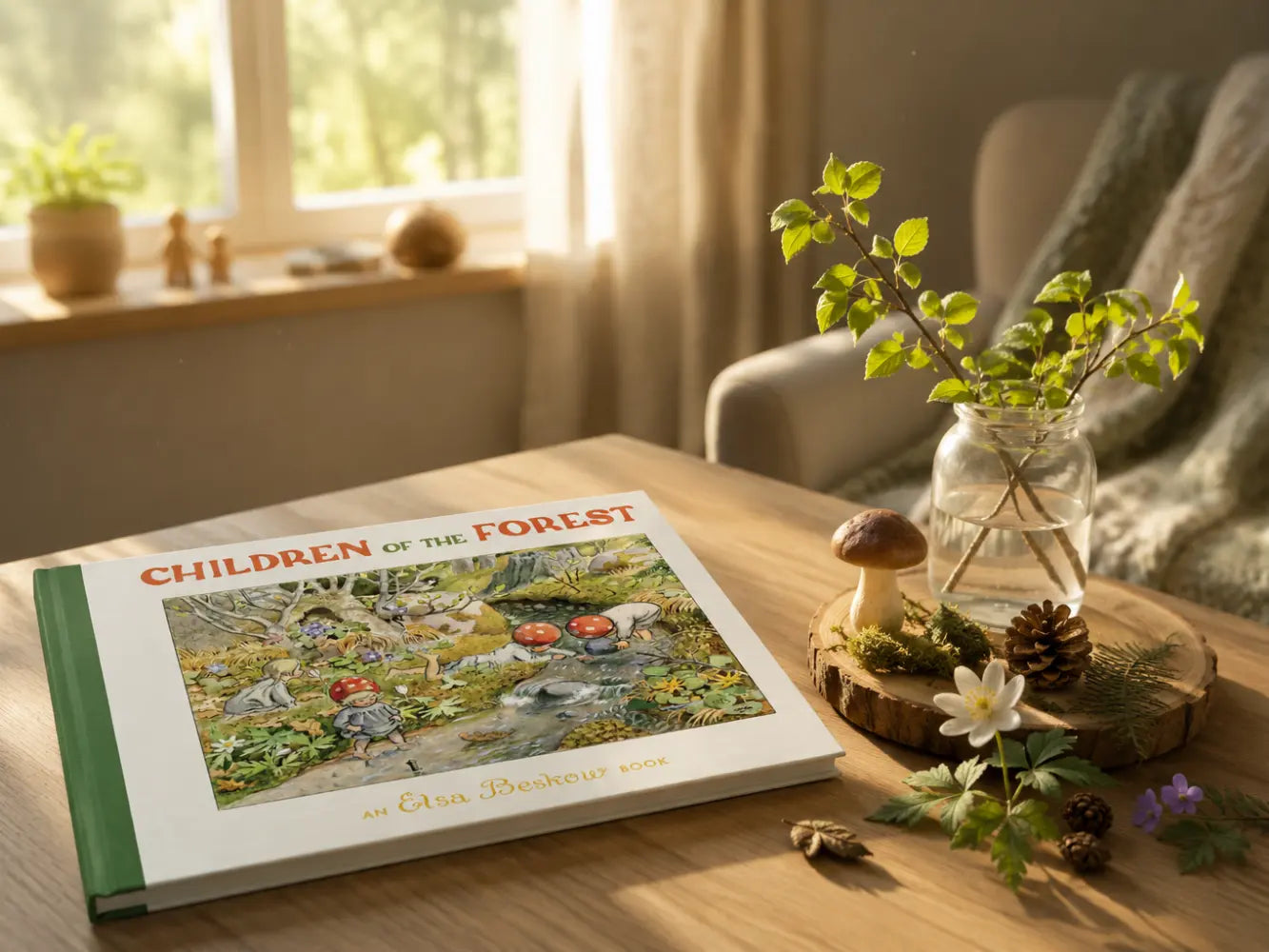 Book titled 'Children of the Forest' on a wooden table with decorative elements.