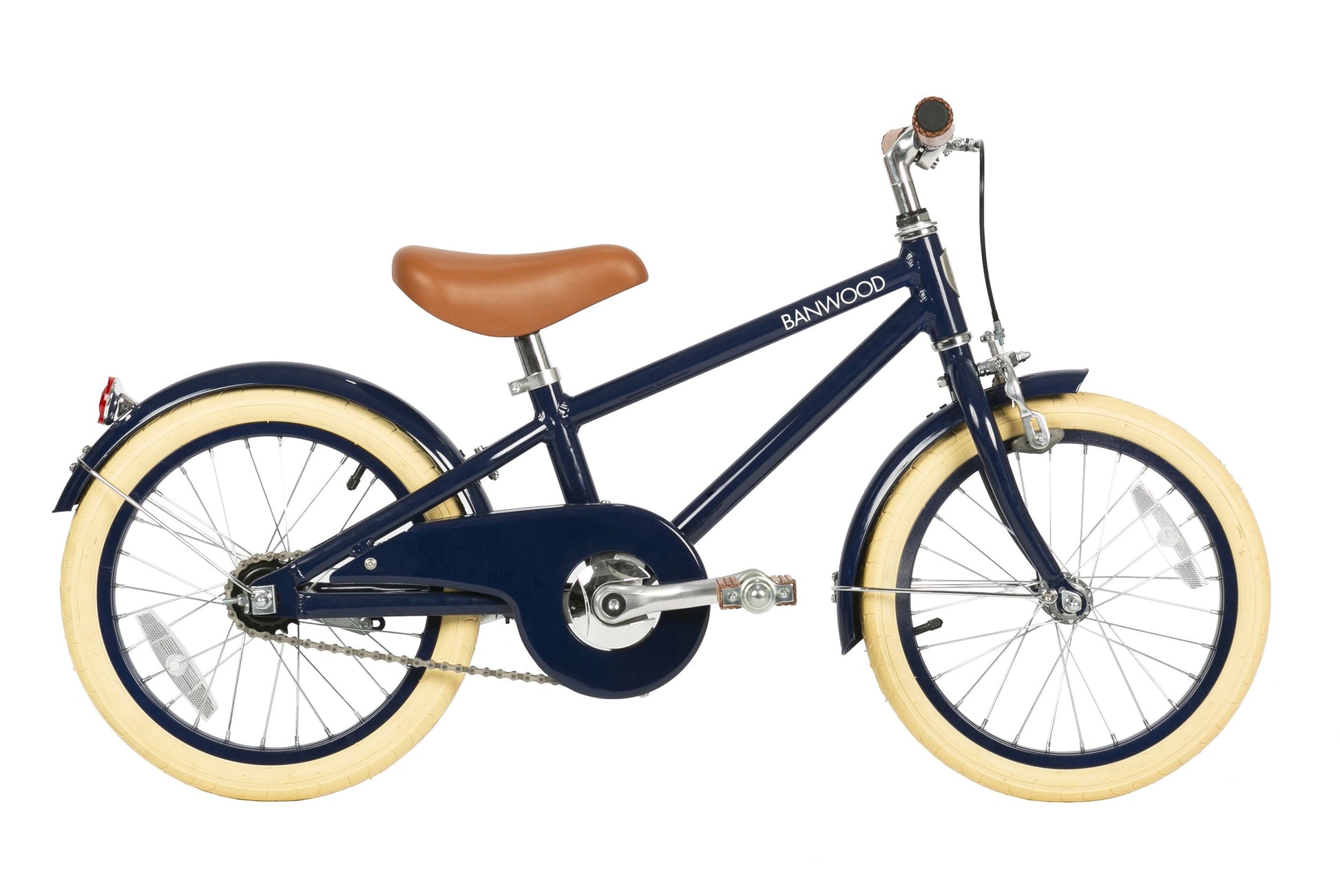 Navy blue children's 16 inch bicycle with cream wheels on a white background