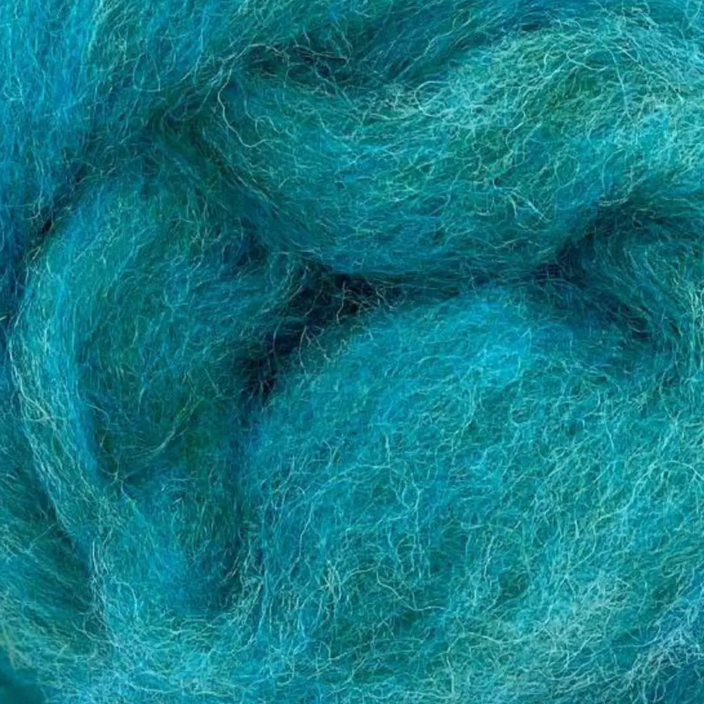 close-up of corridale wool sliver in blue-green bubblegum