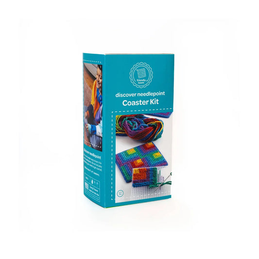 Friendly Loom Discover Needlepoint Coaster Kit box showing rainbow wool coasters stitched on plastic canvas
