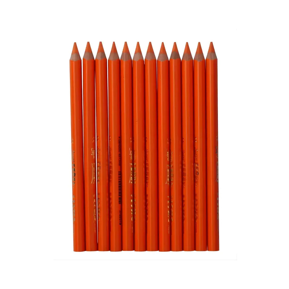 Row of orange neon colored pencils on a white background
