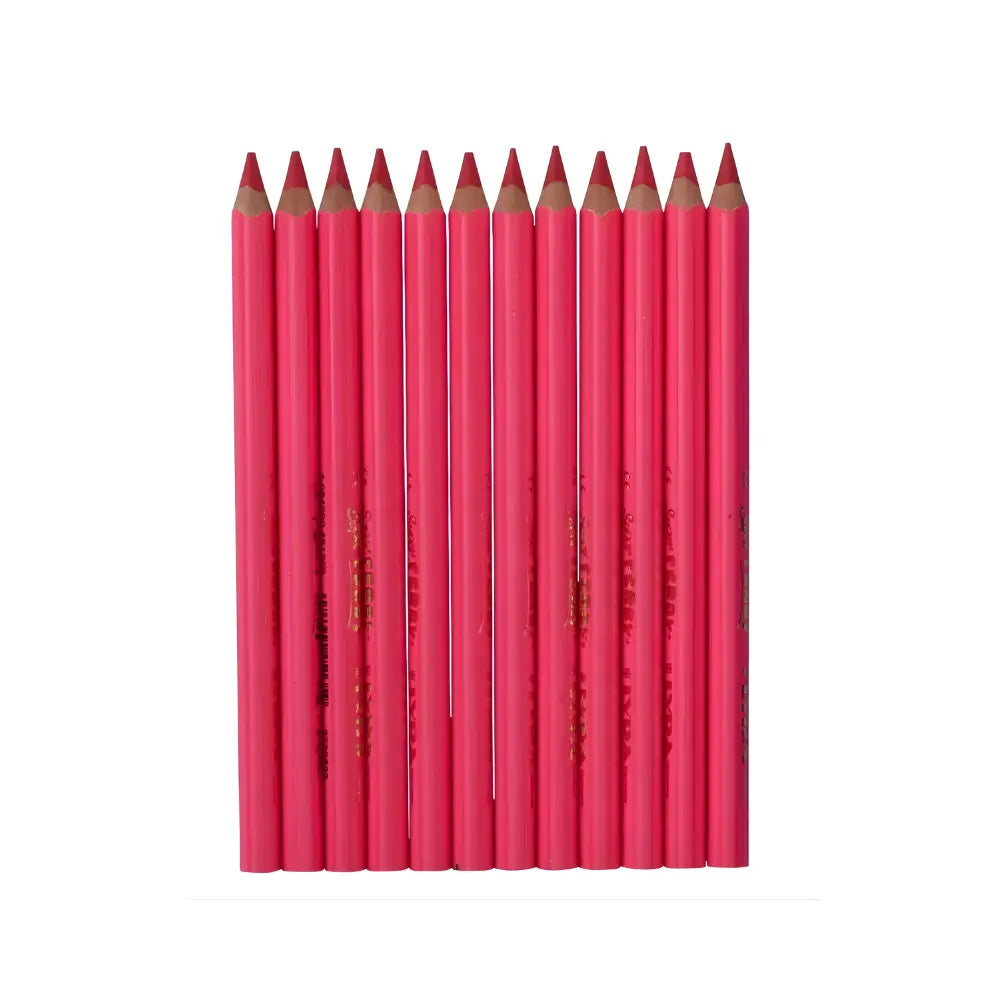 Row of pink colored pencils on a white background