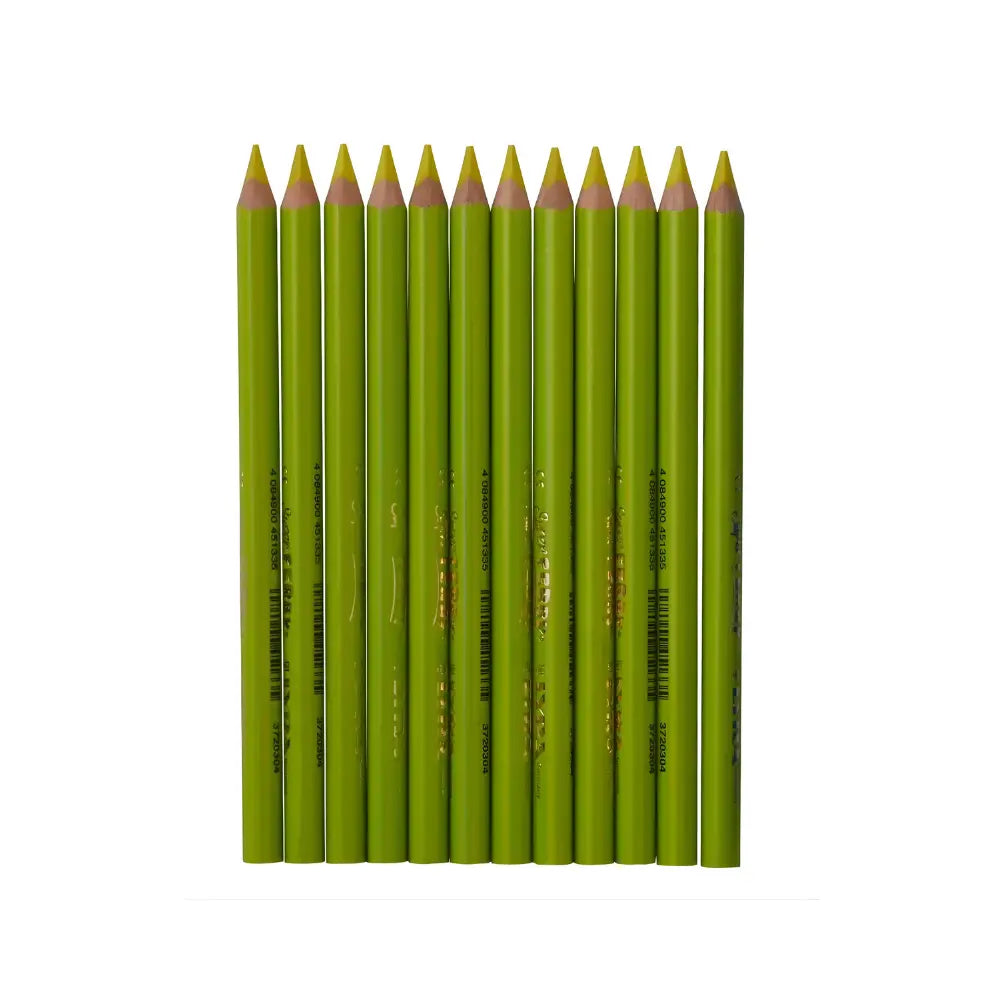 Row of yellow colored pencils on a white background