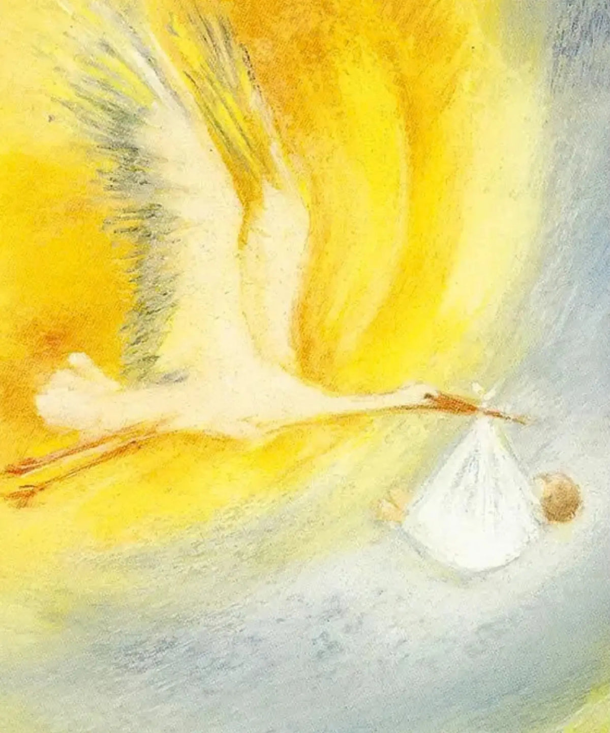 The Stork postcard by Marjan van Zeyl showing a white stork carrying a baby in a cloth bundle through a luminous golden yellow and pale blue sky.