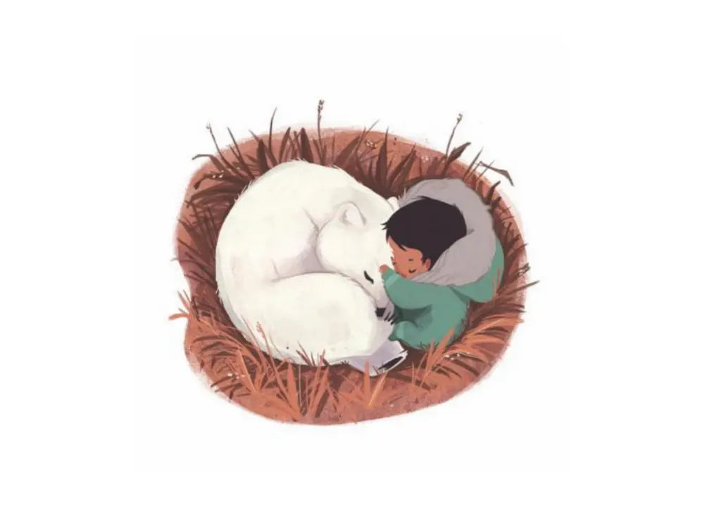 Illustration of a child hugging a polar bear in a nest-like structure