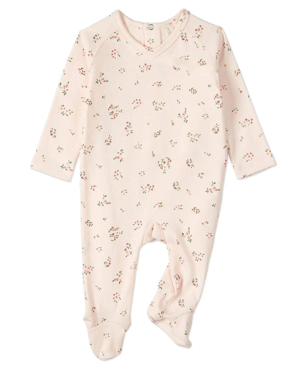 Baby onesie with floral pattern on a white background