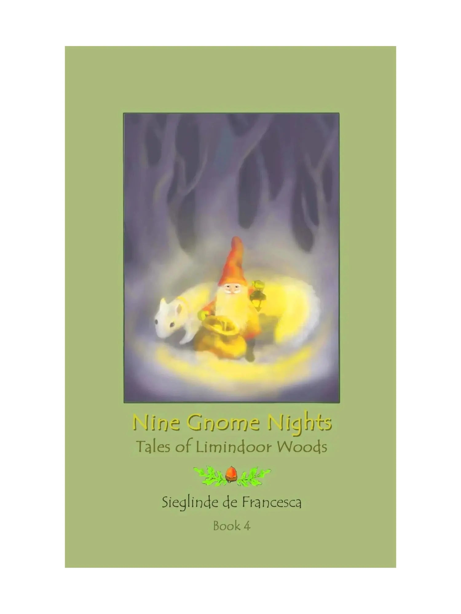 Book cover for 'Nine Gnome Nights, Tales of Limindoor Woods' featuring an illustration of a gnome with a red hat, surrounded by a winter landscape.