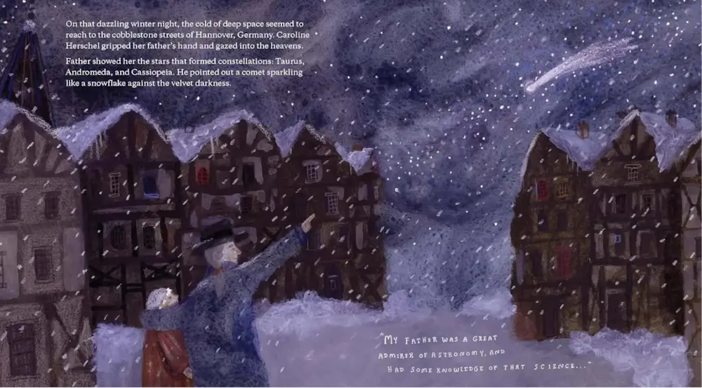 Snowy village scene with text overlay